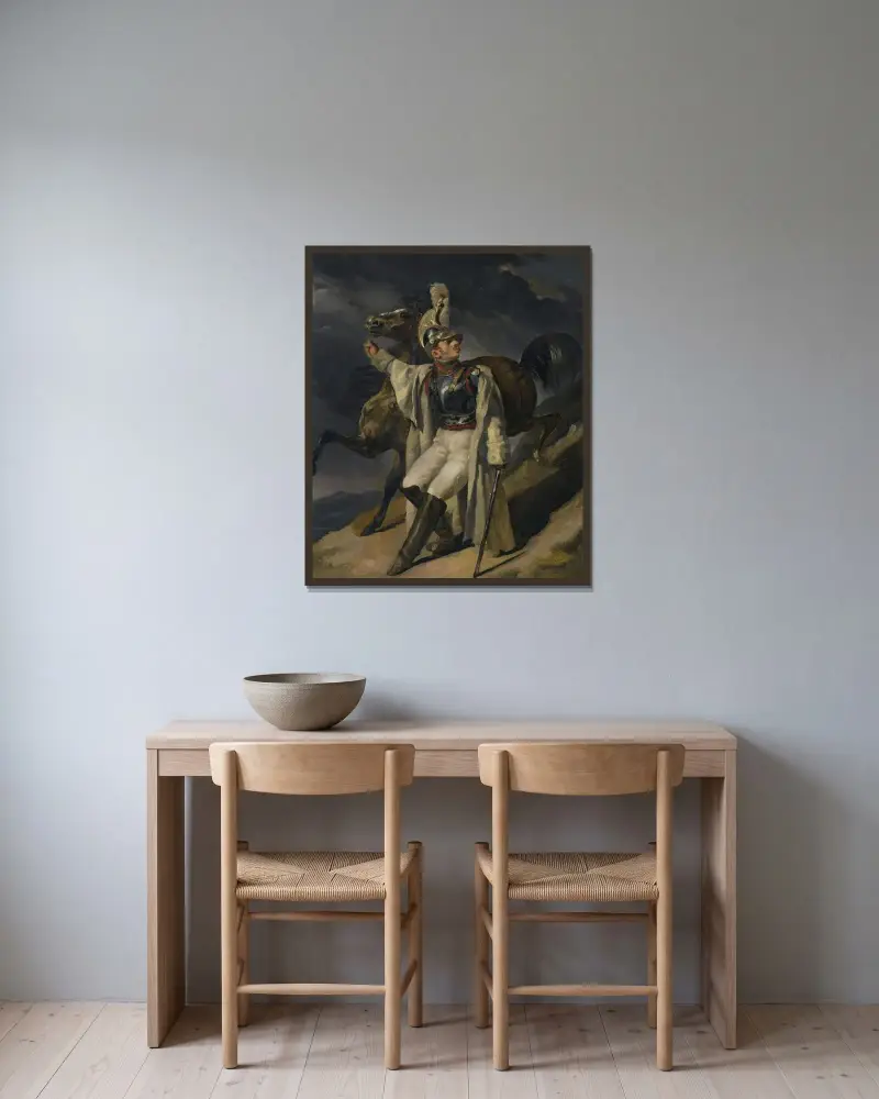 Den sårade kyrassiären, studie av Théodore Géricault inramad på en vägg