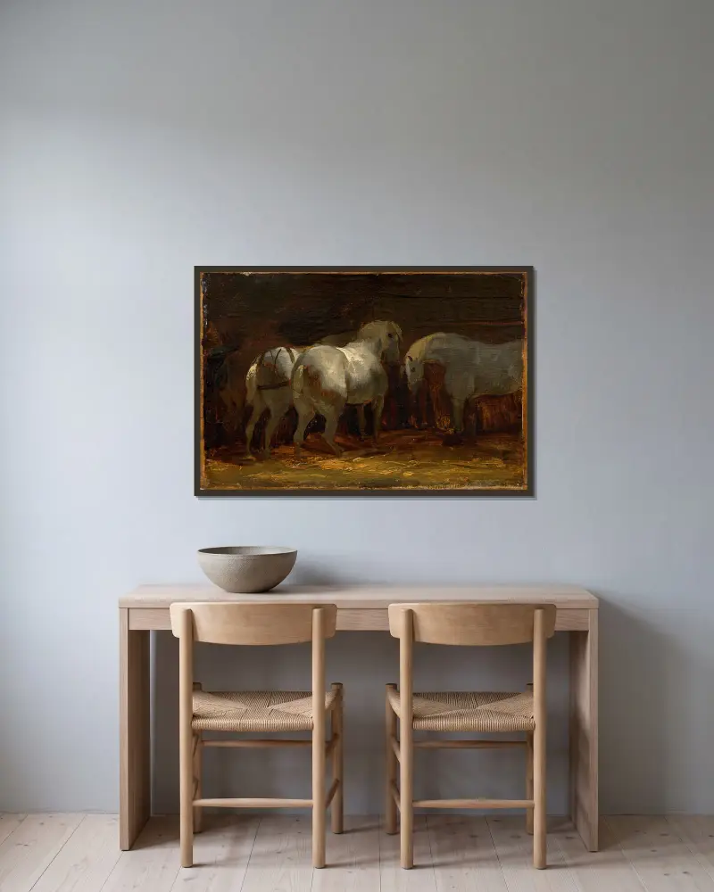 Trois chevaux à l’écurie av Théodore Géricault inramad på en vägg
