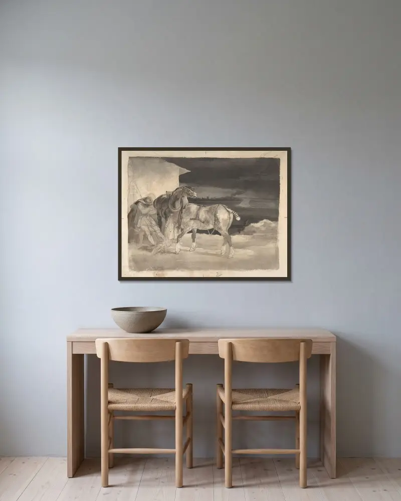Två draghästar med sovande kusk av Théodore Géricault inramad på en vägg