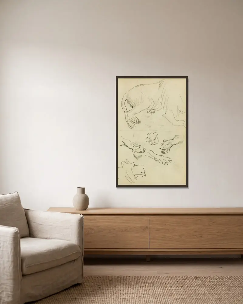 Studier av lejonben, tassar och huvud av Théodore Géricault inramad på en vägg