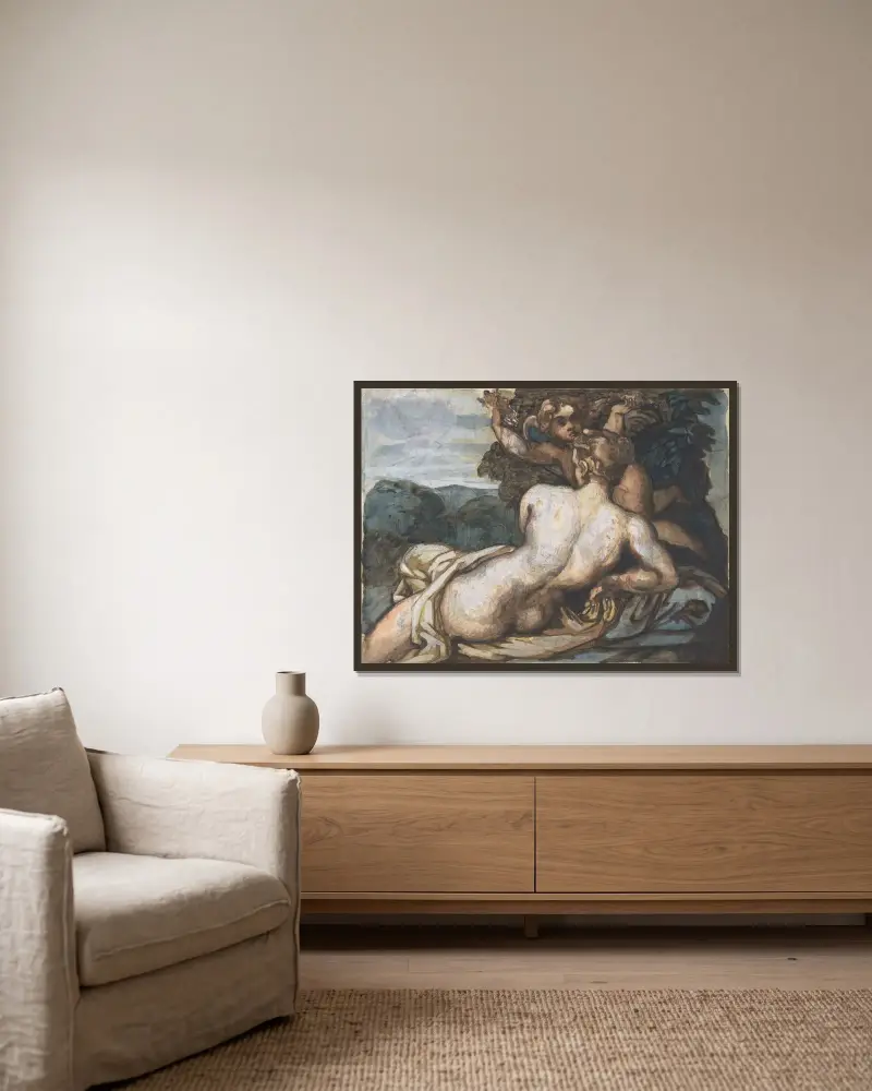Venus och Cupid i ett landskap, efter Annibale Carracci av Théodore Géricault inramad på en vägg