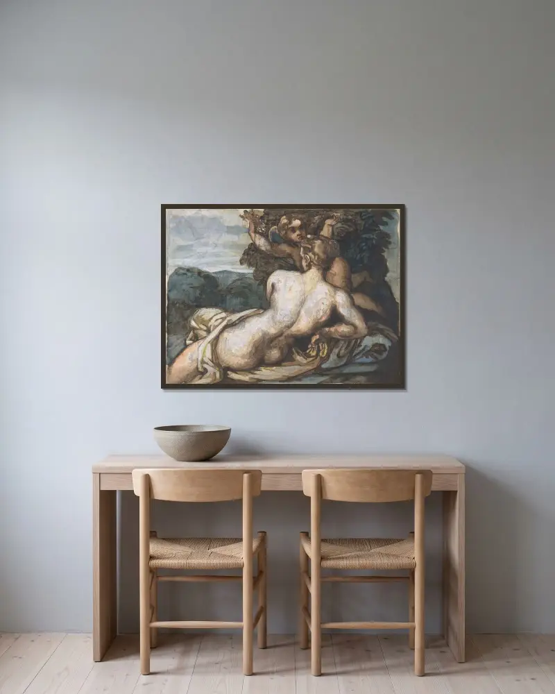 Venus och Cupid i ett landskap, efter Annibale Carracci av Théodore Géricault inramad på en vägg