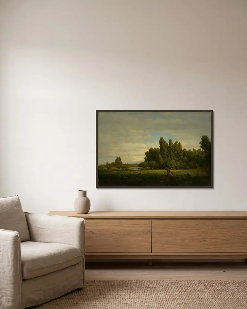 Eine von Bäumen gesäumte Wiese von Théodore Rousseau gerahmt an einer Wand