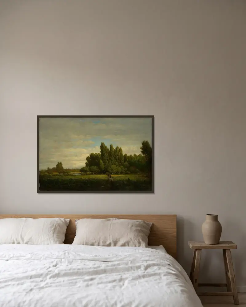 Eine von Bäumen gesäumte Wiese von Théodore Rousseau gerahmt an einer Wand