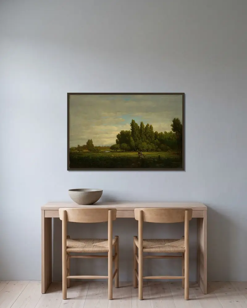 Eine von Bäumen gesäumte Wiese von Théodore Rousseau gerahmt an einer Wand