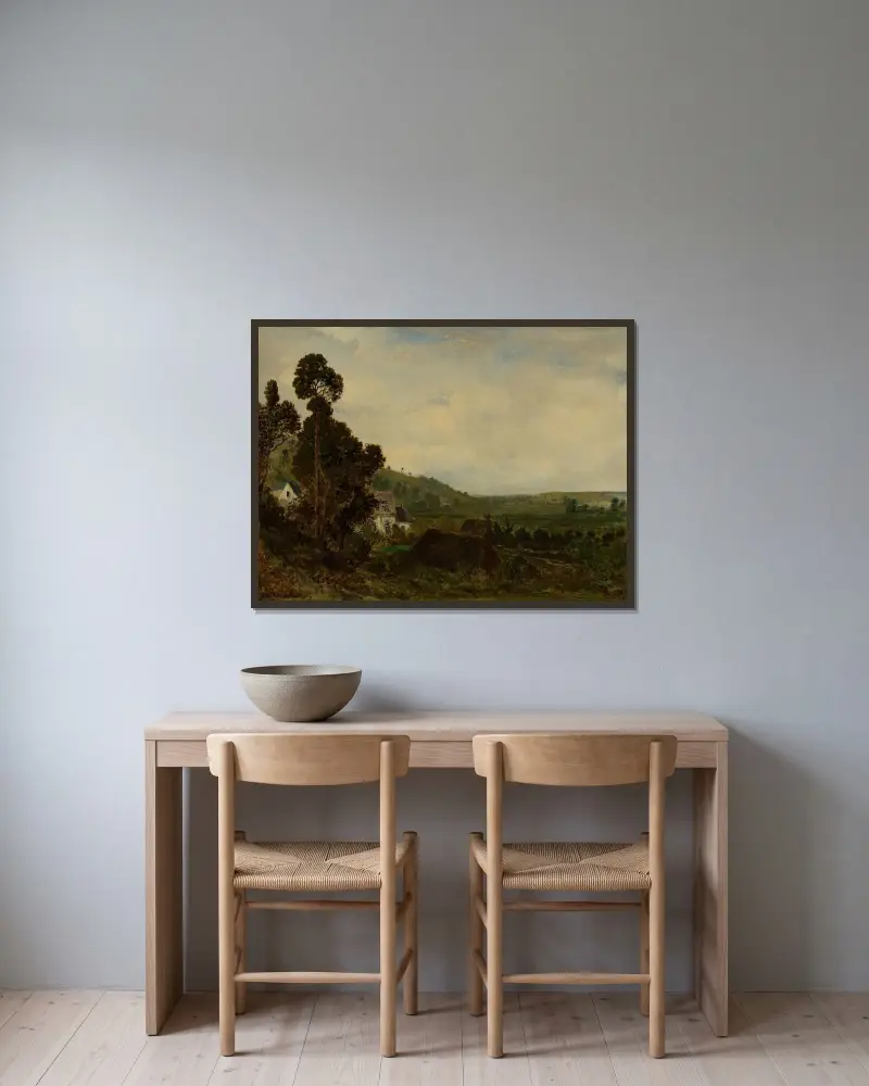 Ett gammalt kapell i en dal av Théodore Rousseau inramad på en vägg