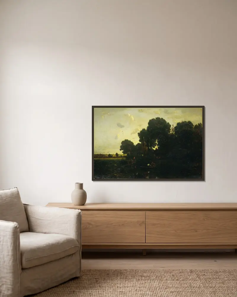 Abenddämmerung von Théodore Rousseau gerahmt an einer Wand