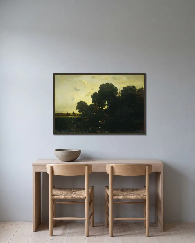 Abenddämmerung von Théodore Rousseau gerahmt an einer Wand