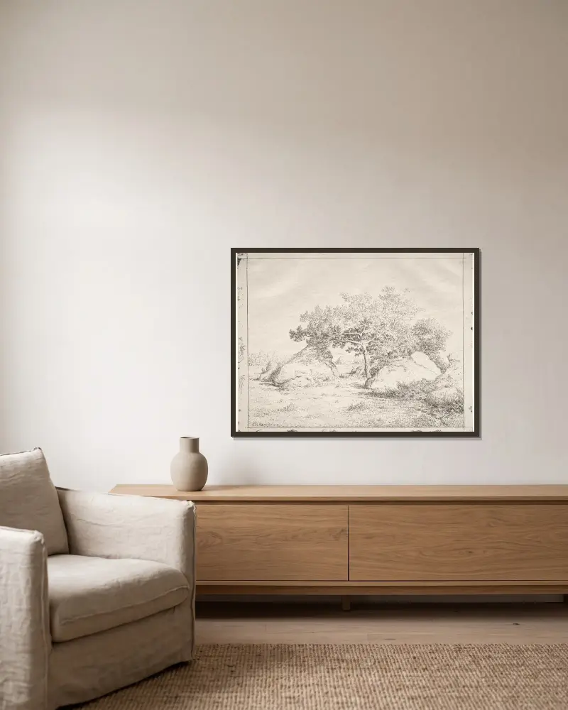Kirschbaum bei Blau von Théodore Rousseau gerahmt an einer Wand