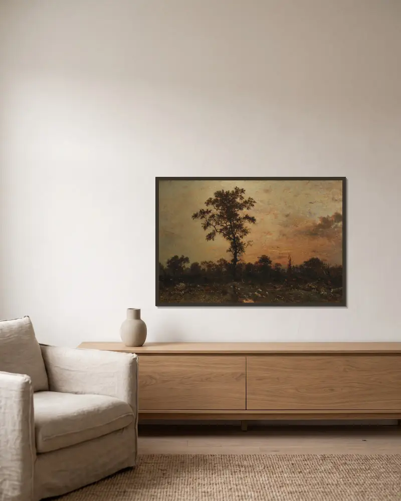 Edge of the Forest, Sun Setting av Théodore Rousseau inramad på en vägg