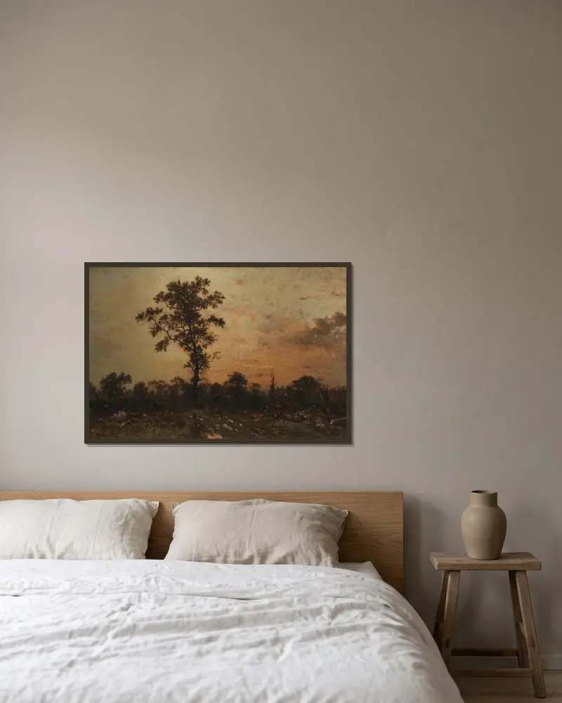 Edge of the Forest, Sun Setting av Théodore Rousseau inramad på en vägg