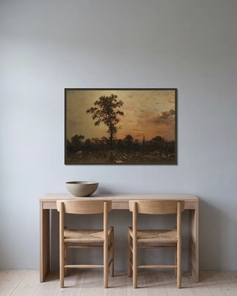 Edge of the Forest, Sun Setting av Théodore Rousseau inramad på en vägg