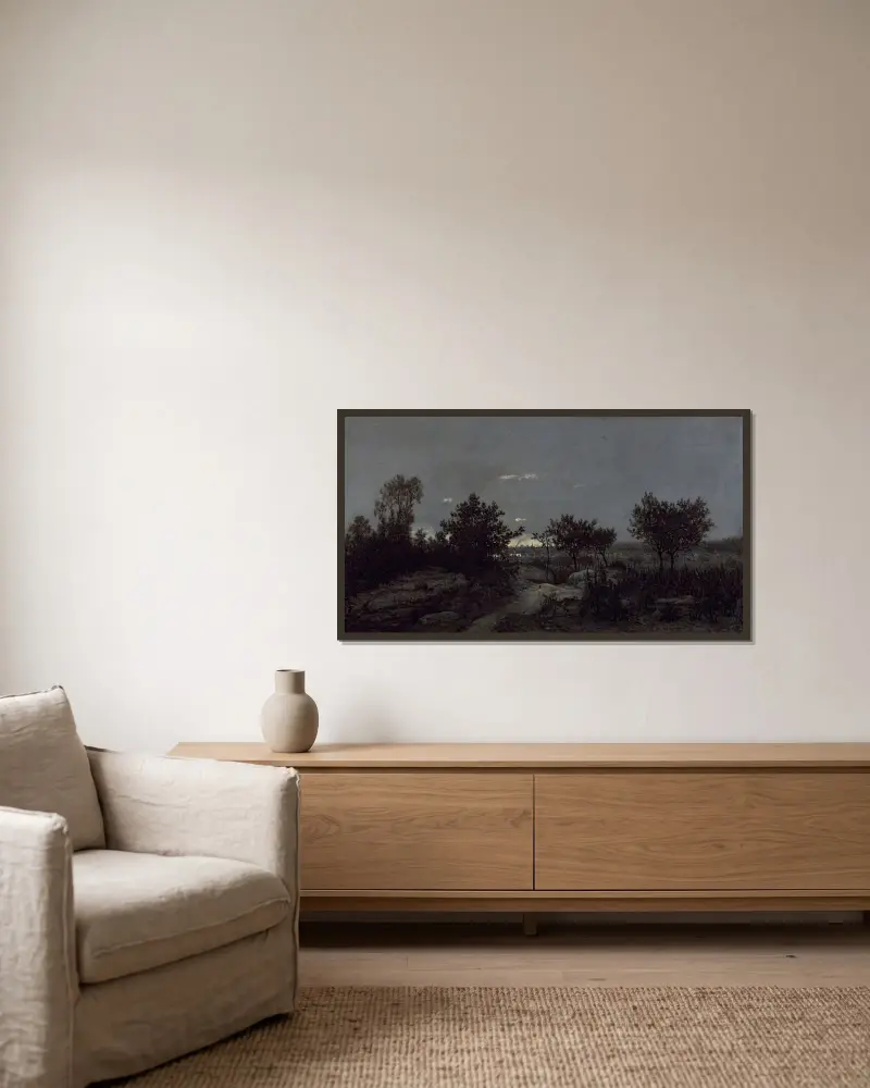 Die Landschaft im Morgengrauen von Théodore Rousseau gerahmt an einer Wand