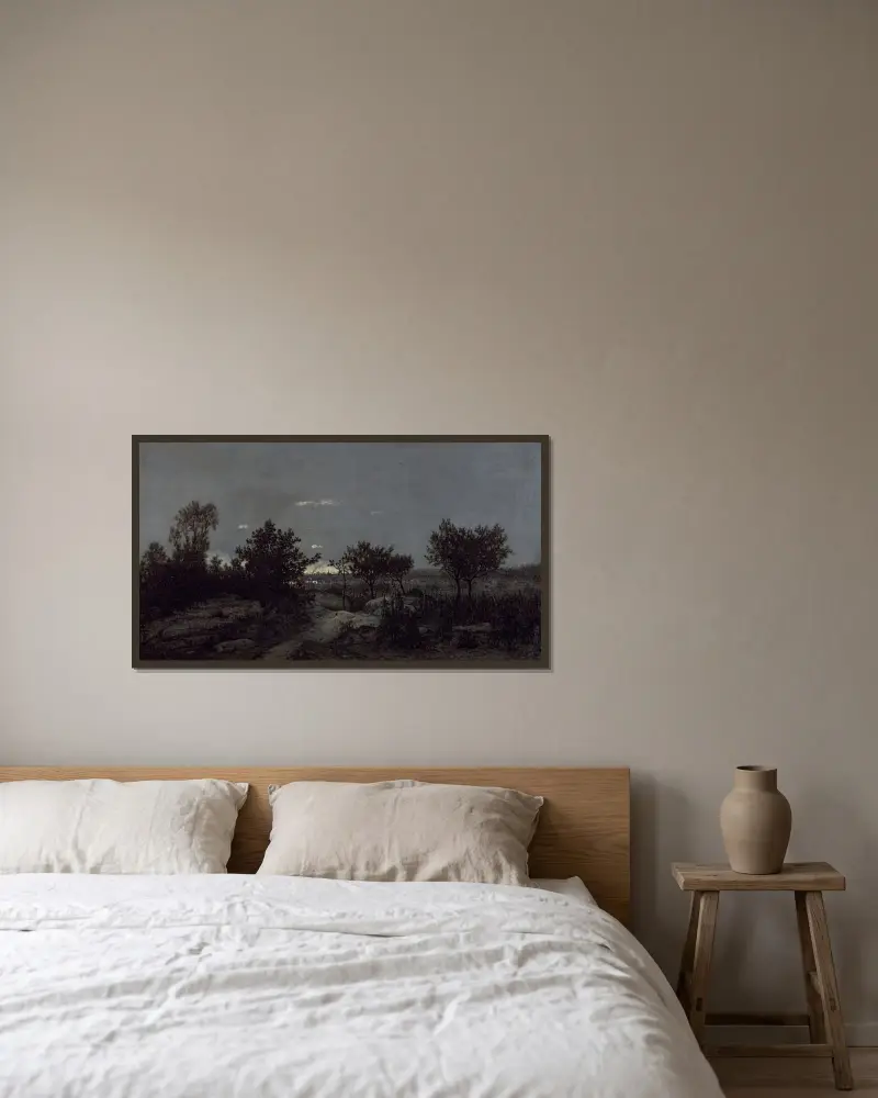 Die Landschaft im Morgengrauen von Théodore Rousseau gerahmt an einer Wand