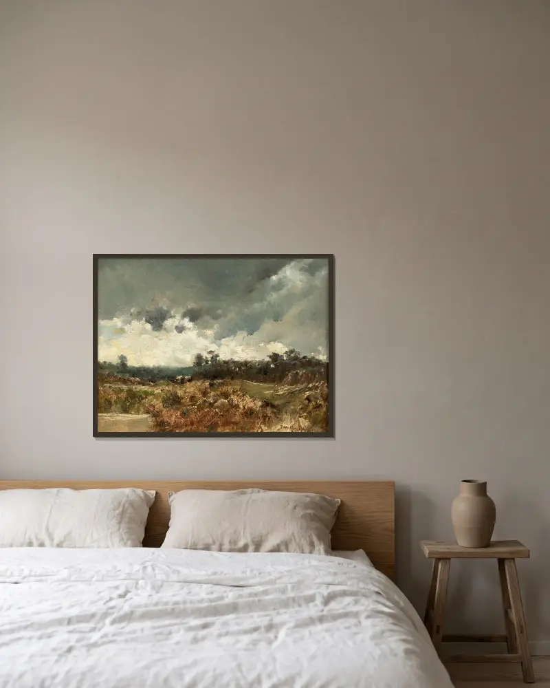 Landscape under a stormy sky av Théodore Rousseau inramad på en vägg