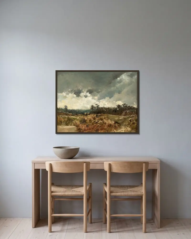 Landscape under a stormy sky av Théodore Rousseau inramad på en vägg
