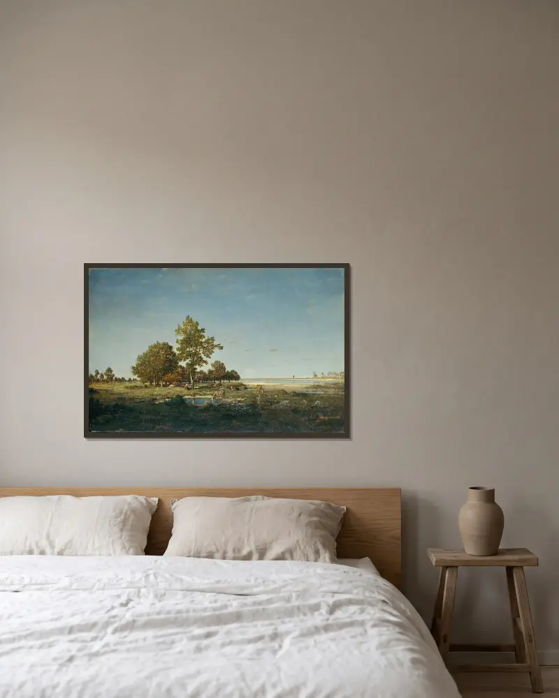 Landskap med en trädklunga av Théodore Rousseau inramad på en vägg