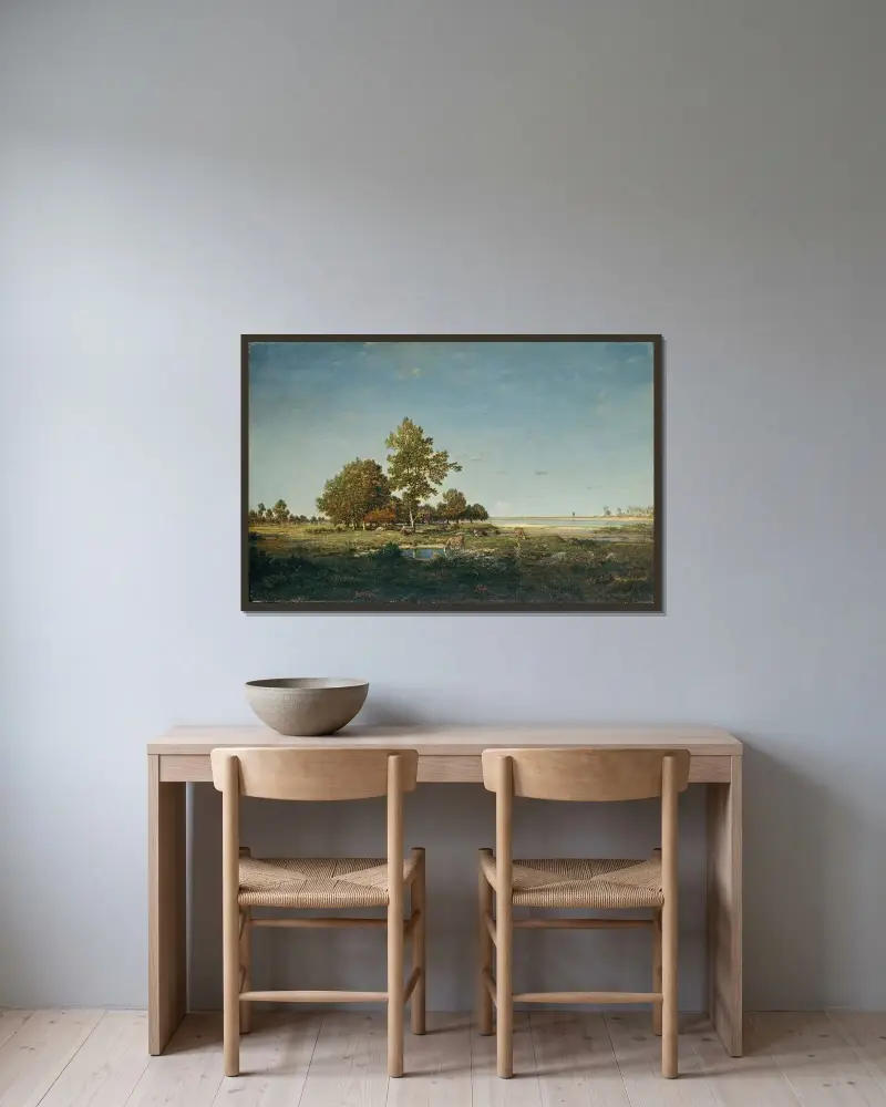 Landskap med en trädklunga av Théodore Rousseau inramad på en vägg
