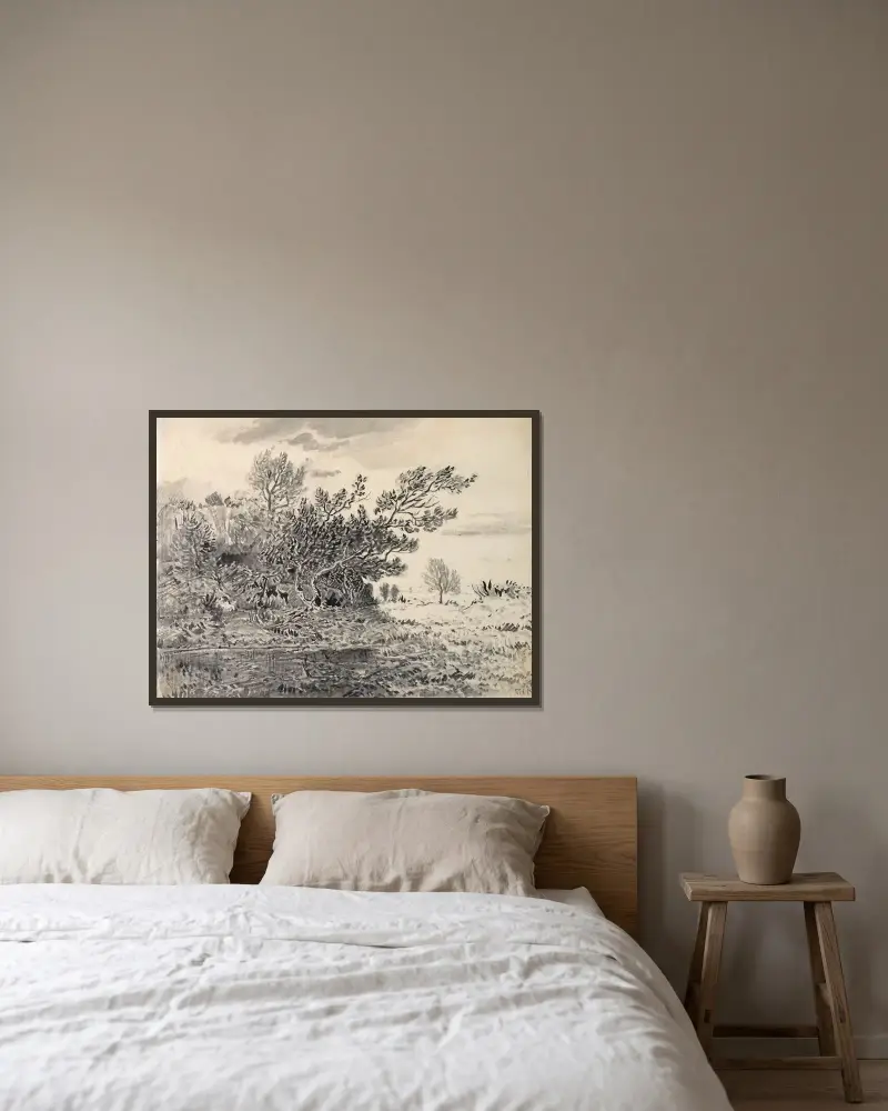 Landskap med damm av Théodore Rousseau inramad på en vägg
