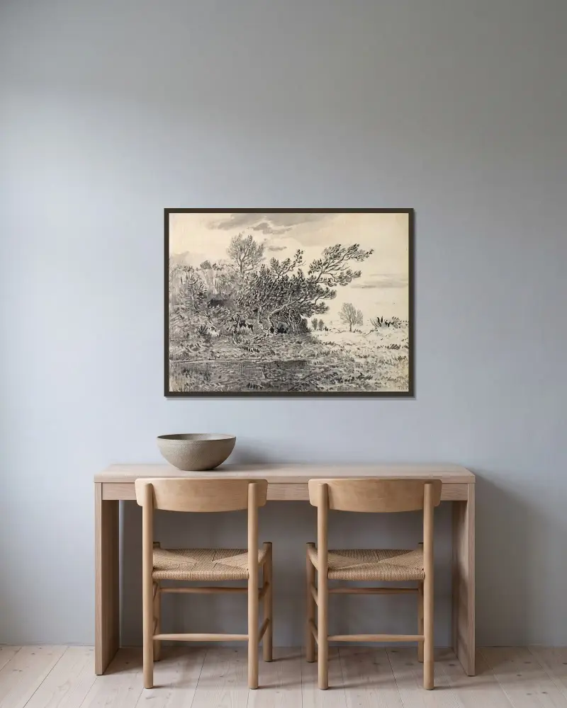 Landskap med damm av Théodore Rousseau inramad på en vägg