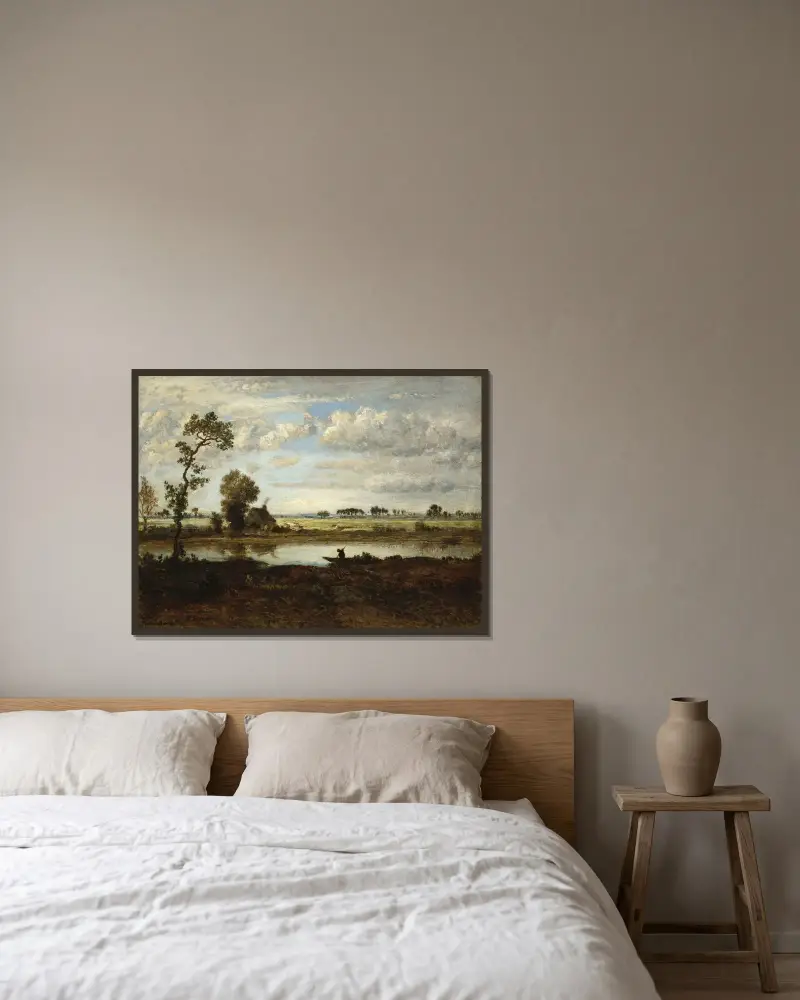 Landschaft mit Ruderer von Théodore Rousseau gerahmt an einer Wand