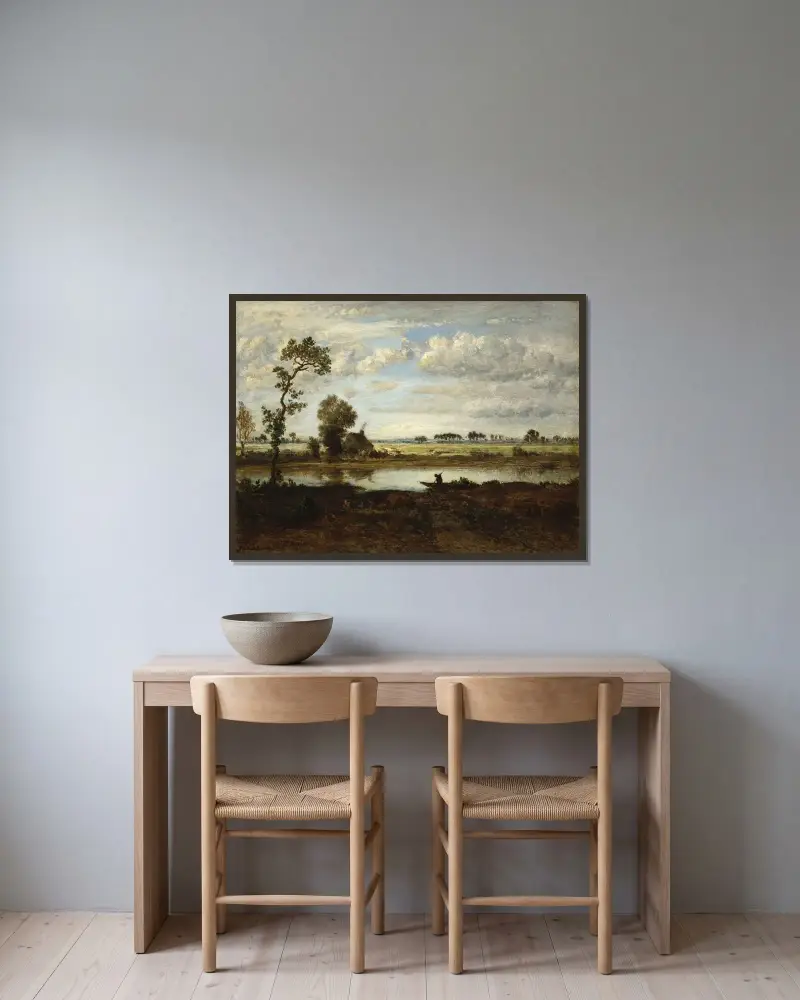 Landschaft mit Ruderer von Théodore Rousseau gerahmt an einer Wand