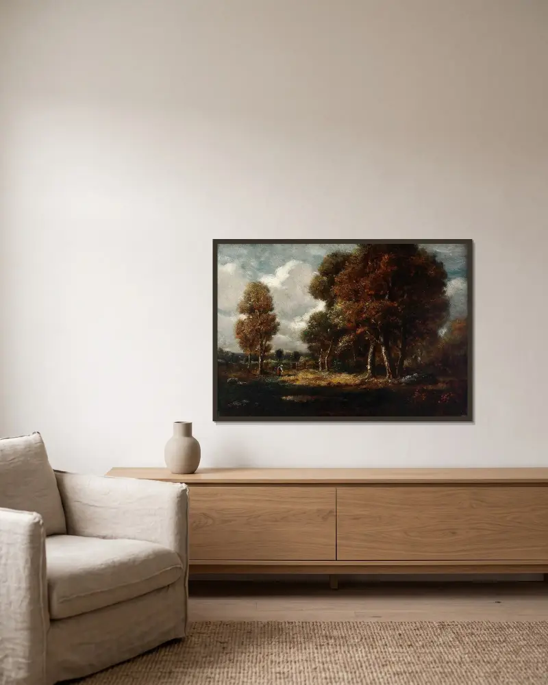 Landschaft mit Figuren von Théodore Rousseau gerahmt an einer Wand