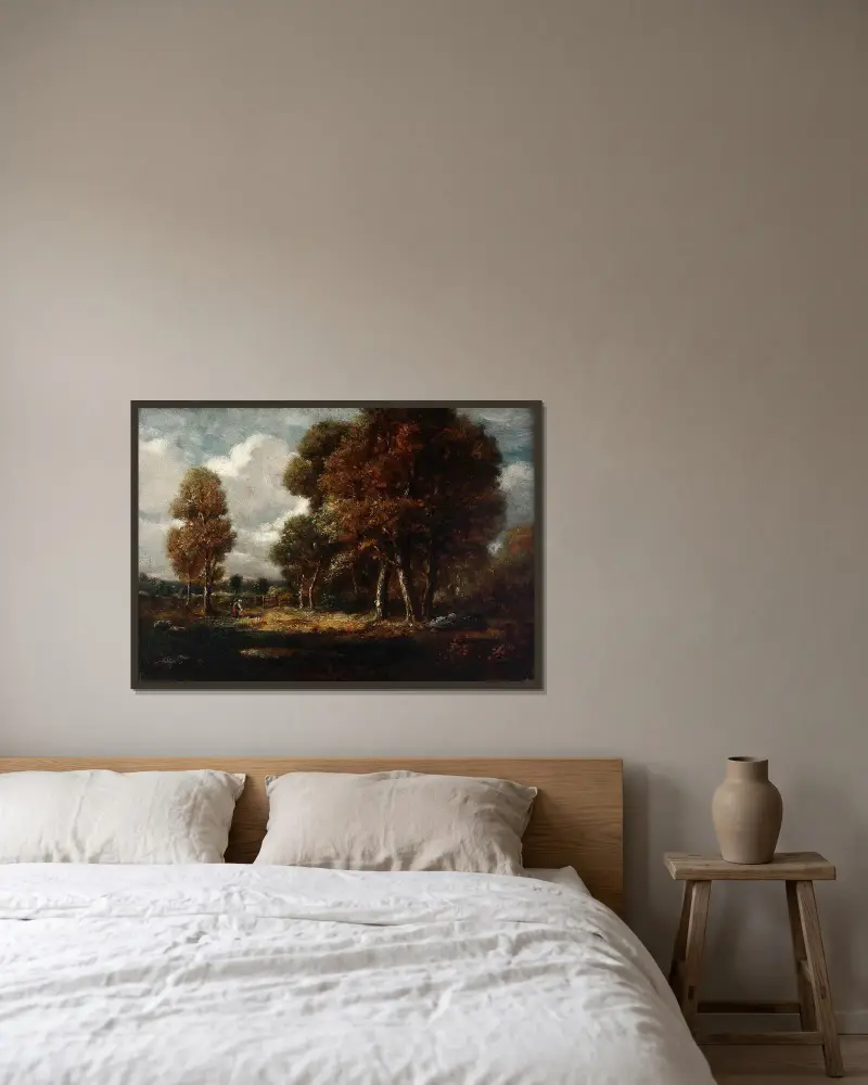 Landschaft mit Figuren von Théodore Rousseau gerahmt an einer Wand