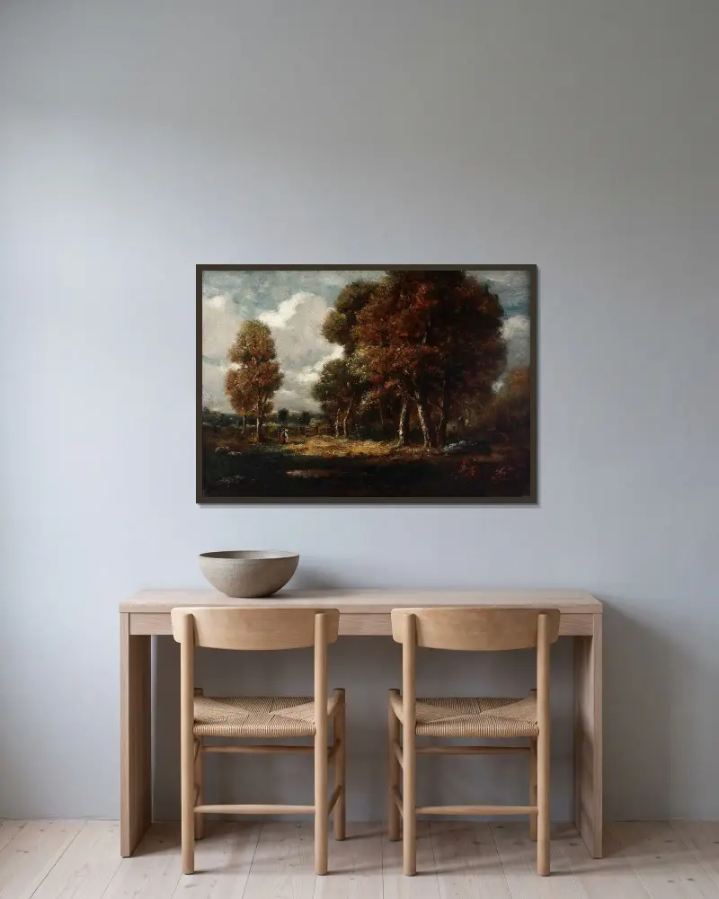 Landschaft mit Figuren von Théodore Rousseau gerahmt an einer Wand
