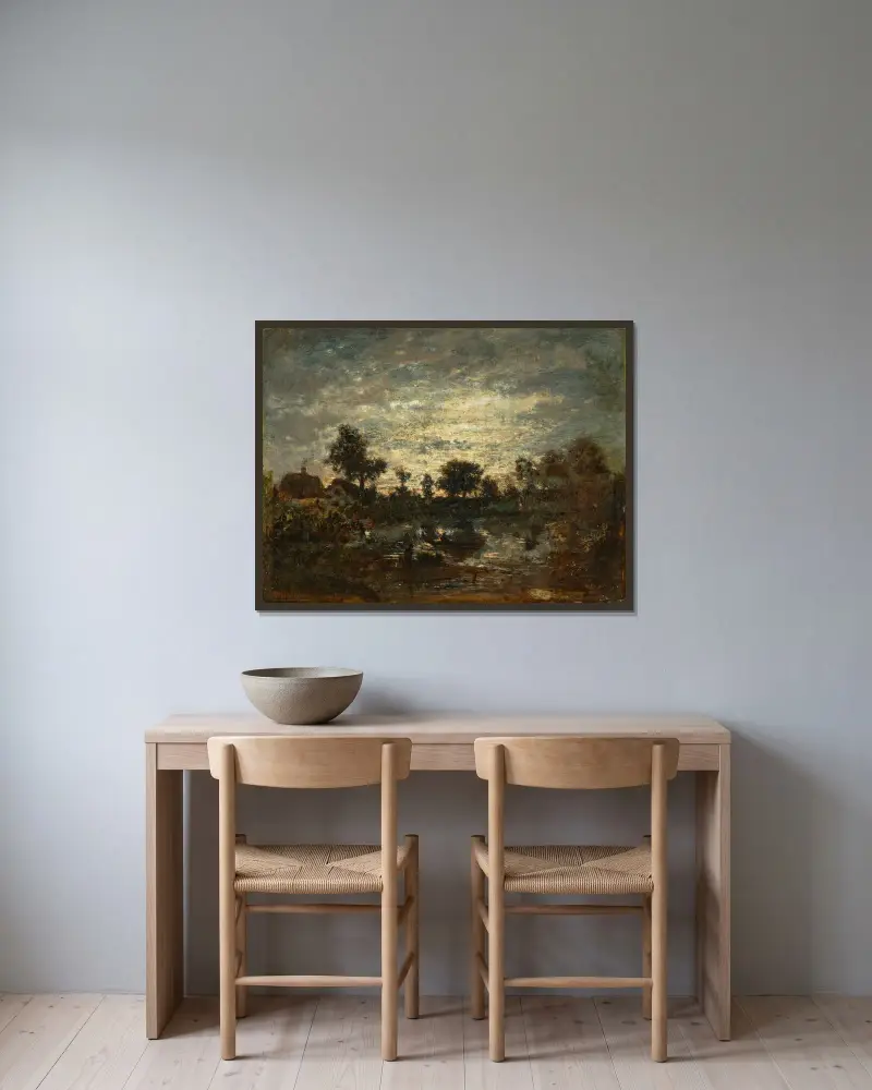 Dammen, solnedgång av Théodore Rousseau inramad på en vägg