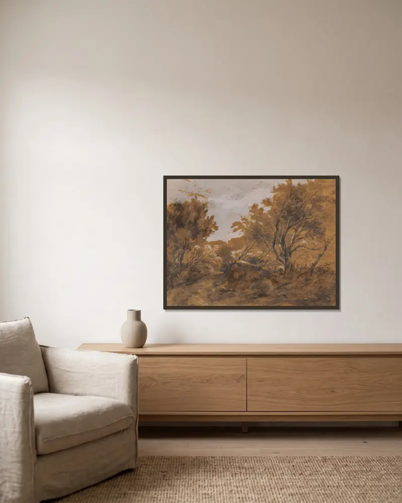 Paysage boisé, coup de vent av Théodore Rousseau inramad på en vägg