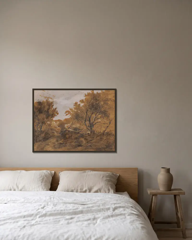 Paysage boisé, coup de vent av Théodore Rousseau inramad på en vägg