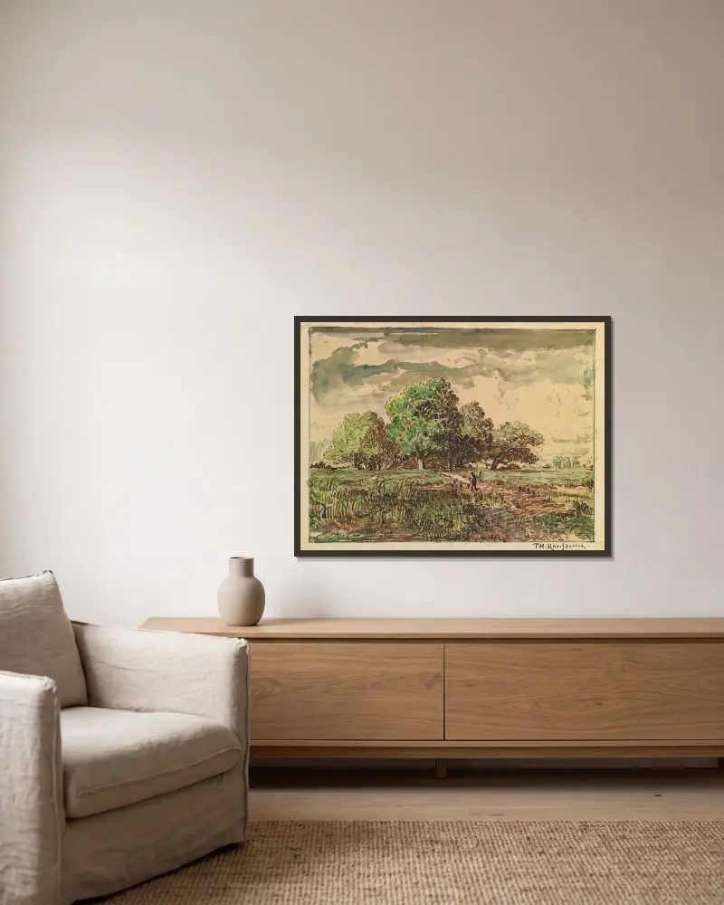 Rückkehr von den Feldern von Théodore Rousseau gerahmt an einer Wand
