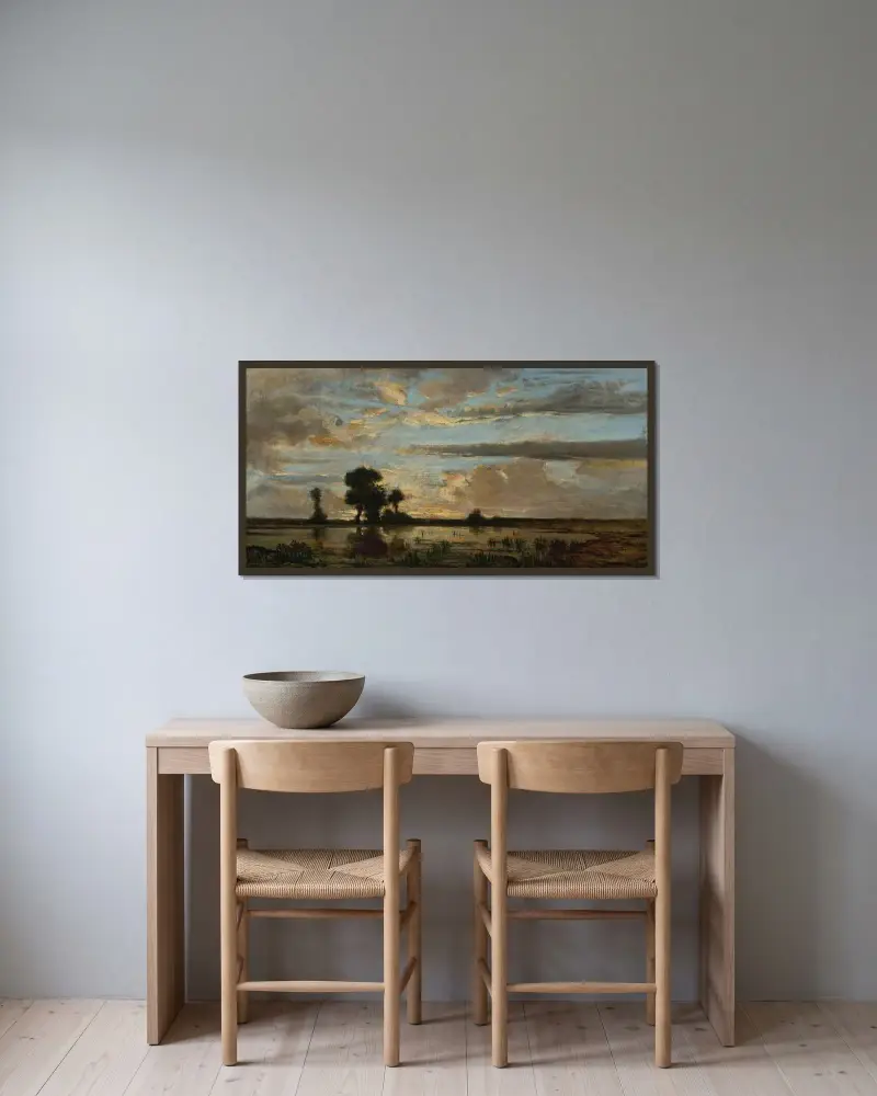 Solnedgång av Théodore Rousseau inramad på en vägg