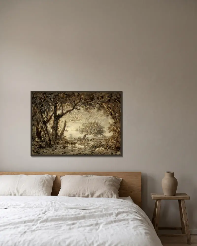 Solnedgång från Fontainebleauskogen av Théodore Rousseau inramad på en vägg