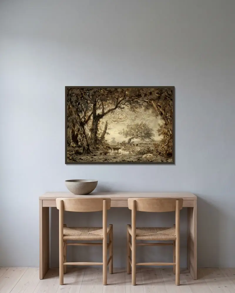 Solnedgång från Fontainebleauskogen av Théodore Rousseau inramad på en vägg
