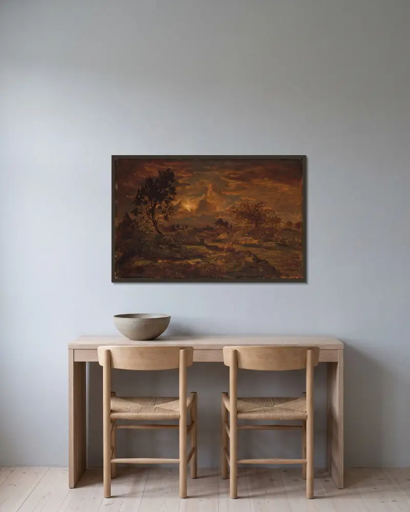 Sonnenuntergang bei Arbonne von Théodore Rousseau gerahmt an einer Wand