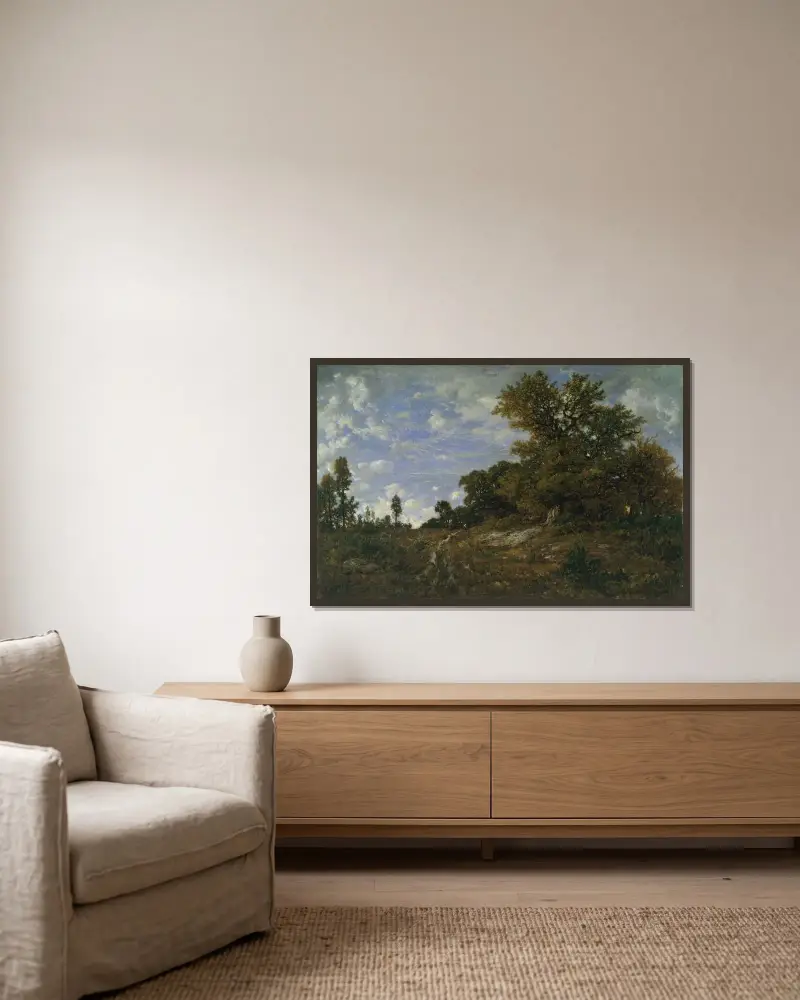 Der Waldrand bei Monts-Girard, Wald von Fontainebleau von Théodore Rousseau gerahmt an einer Wand