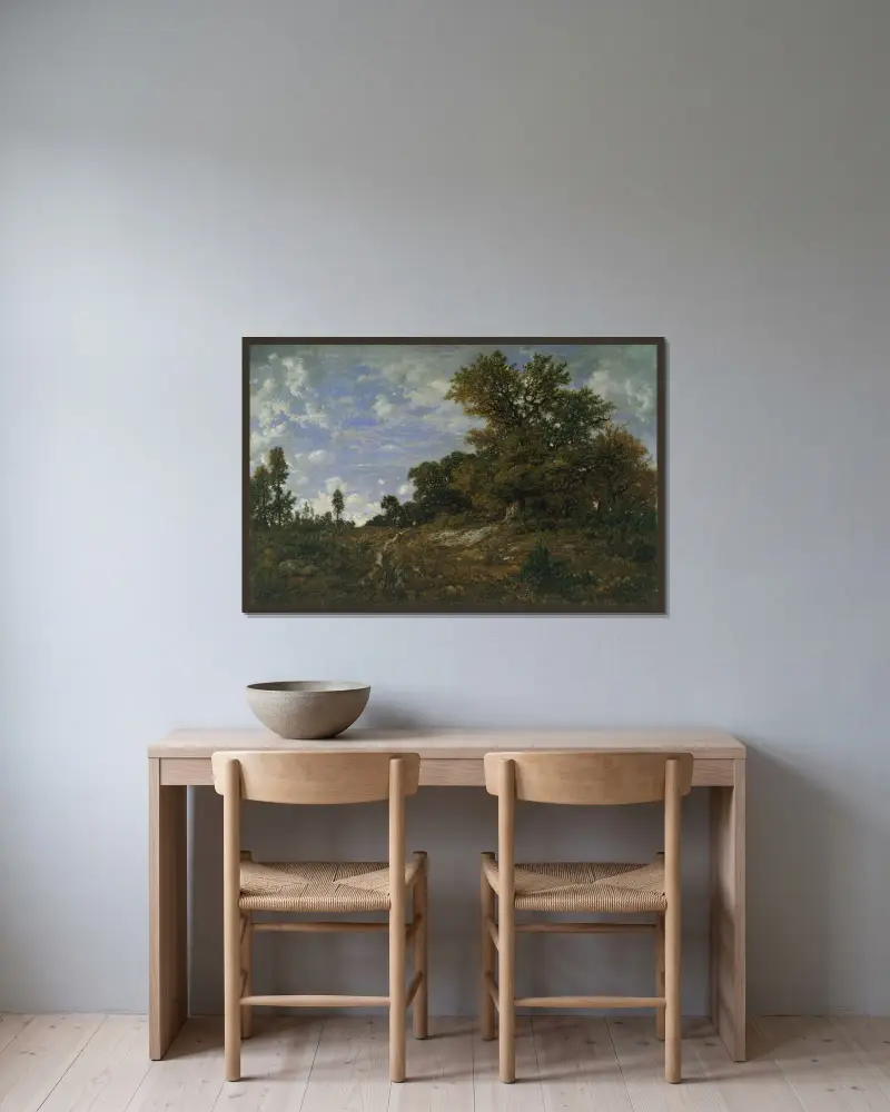 Der Waldrand bei Monts-Girard, Wald von Fontainebleau von Théodore Rousseau gerahmt an einer Wand