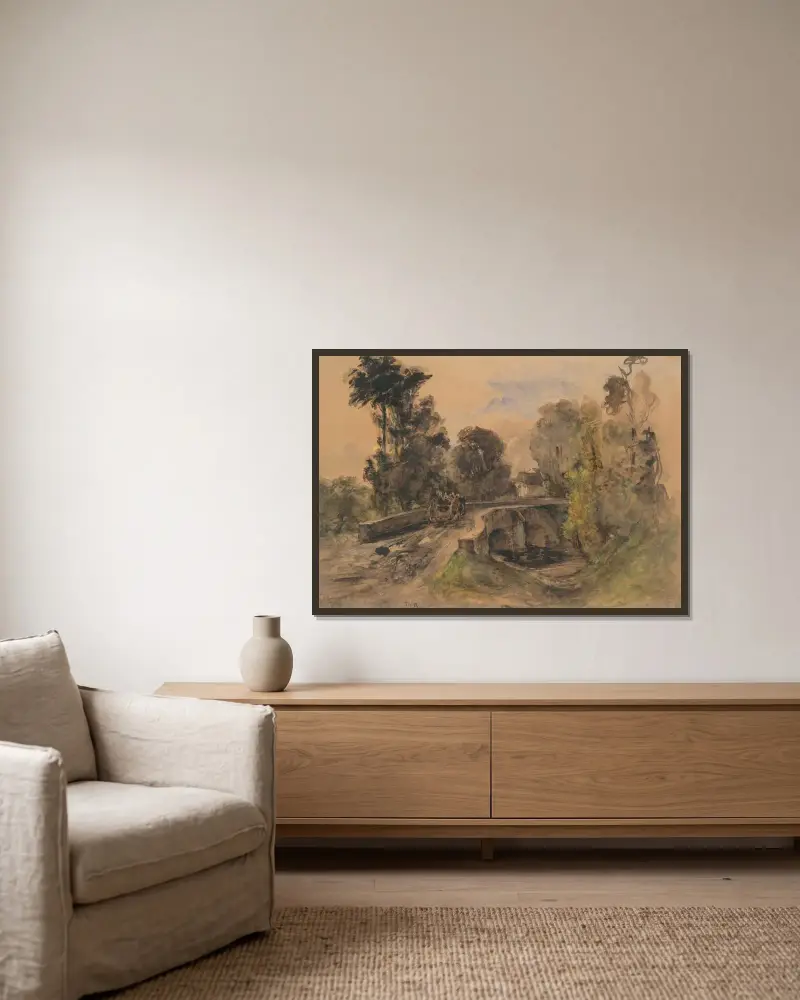 Stenbrons bro av Théodore Rousseau inramad på en vägg