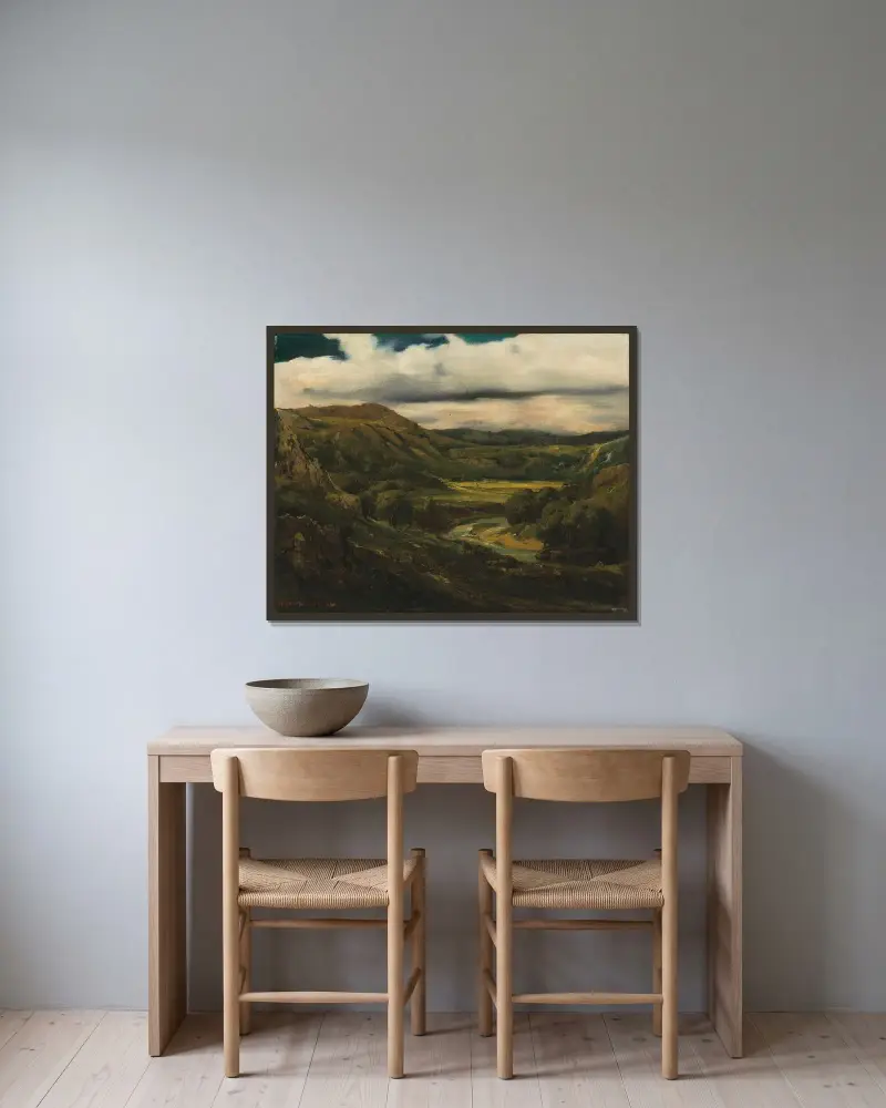 Dal och berg i Auvergne av Théodore Rousseau inramad på en vägg