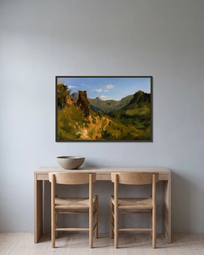 Dal i Auvergnebergen av Théodore Rousseau inramad på en vägg