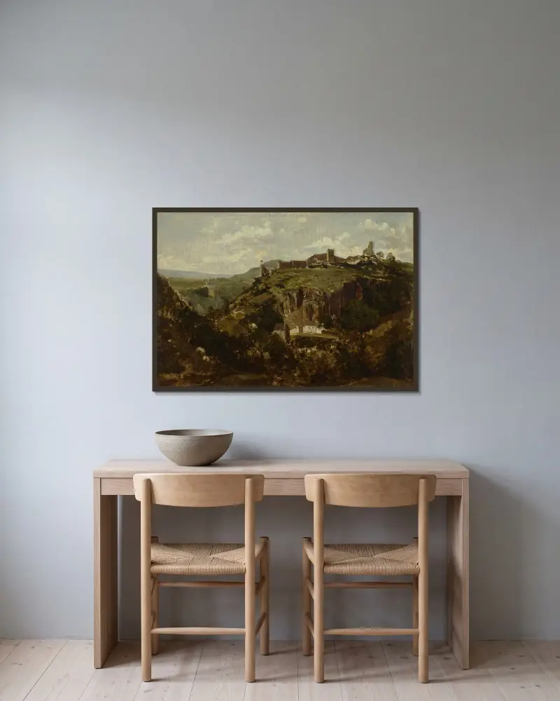 Auvergneby av Théodore Rousseau inramad på en vägg