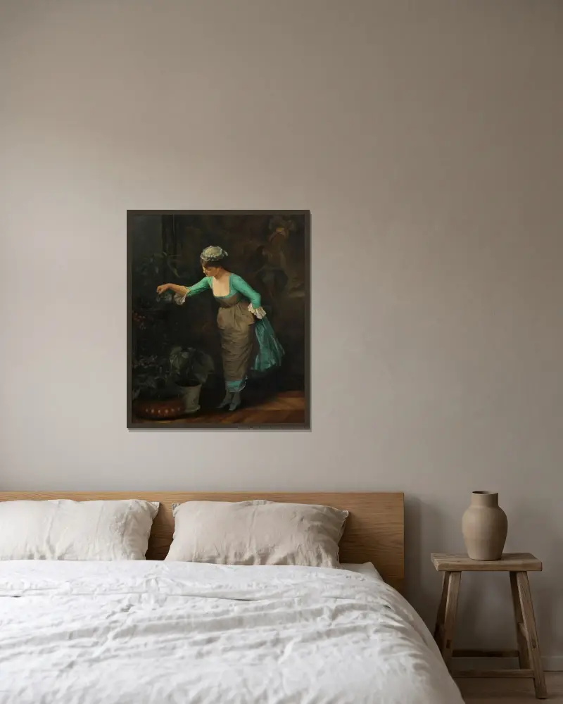 Dienstmagd beim Blumengießen von Theodoros Ralli gerahmt an einer Wand