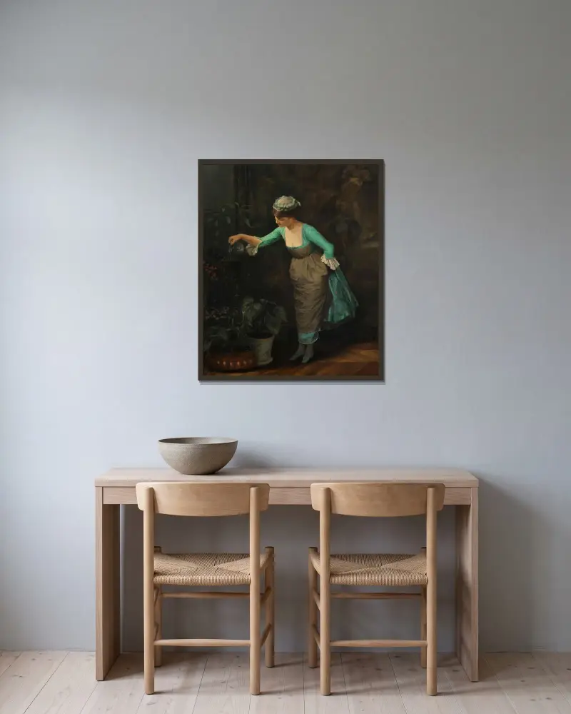 Dienstmagd beim Blumengießen von Theodoros Ralli gerahmt an einer Wand