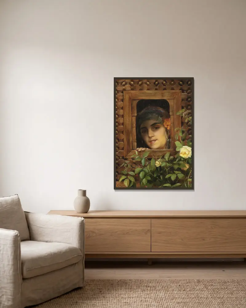 Young woman looking out the window av Theodoros Ralli inramad på en vägg