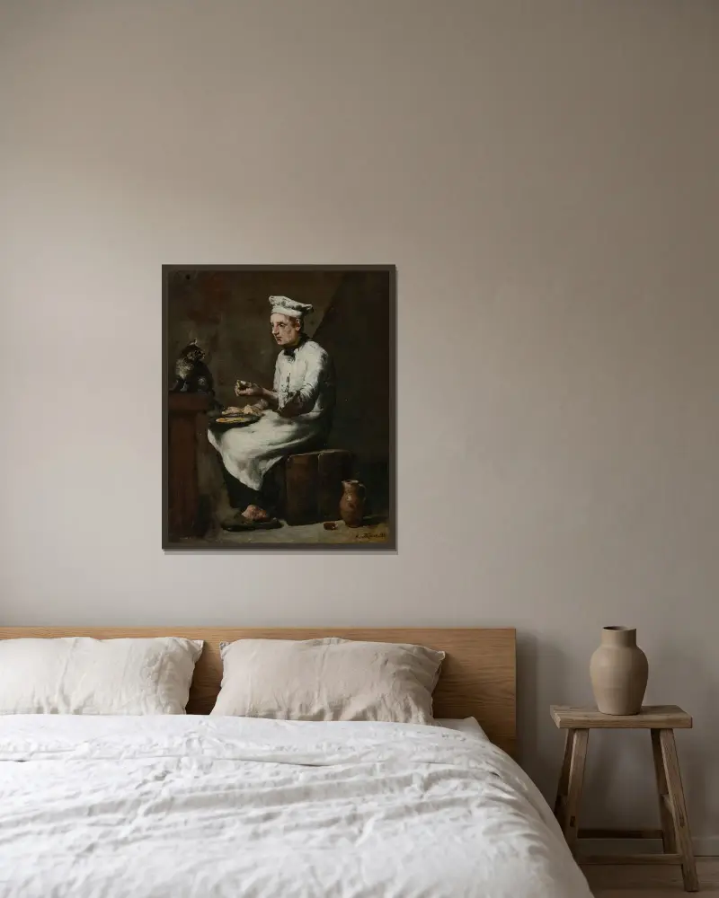 En kock som äter sin morgonmåltid av Théodule Ribot inramad på en vägg