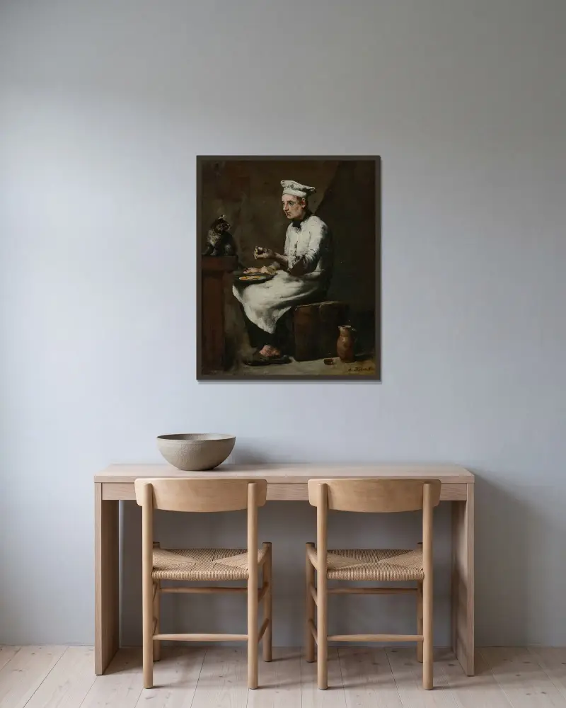 En kock som äter sin morgonmåltid av Théodule Ribot inramad på en vägg