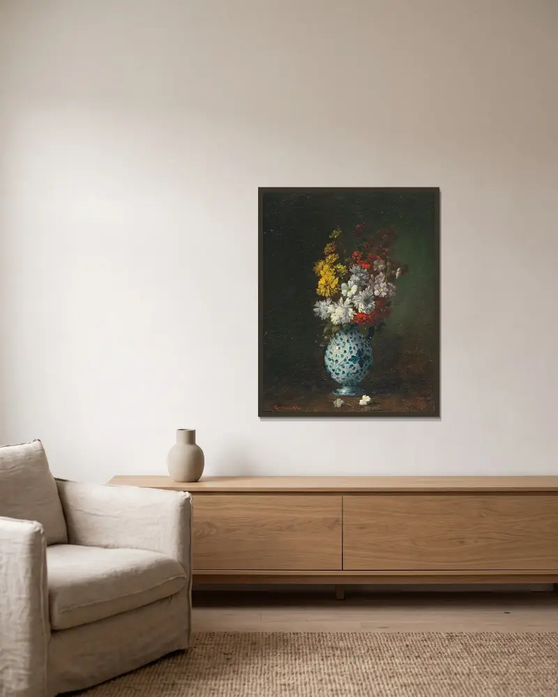 Blomsterstycke av Théodule Ribot inramad på en vägg