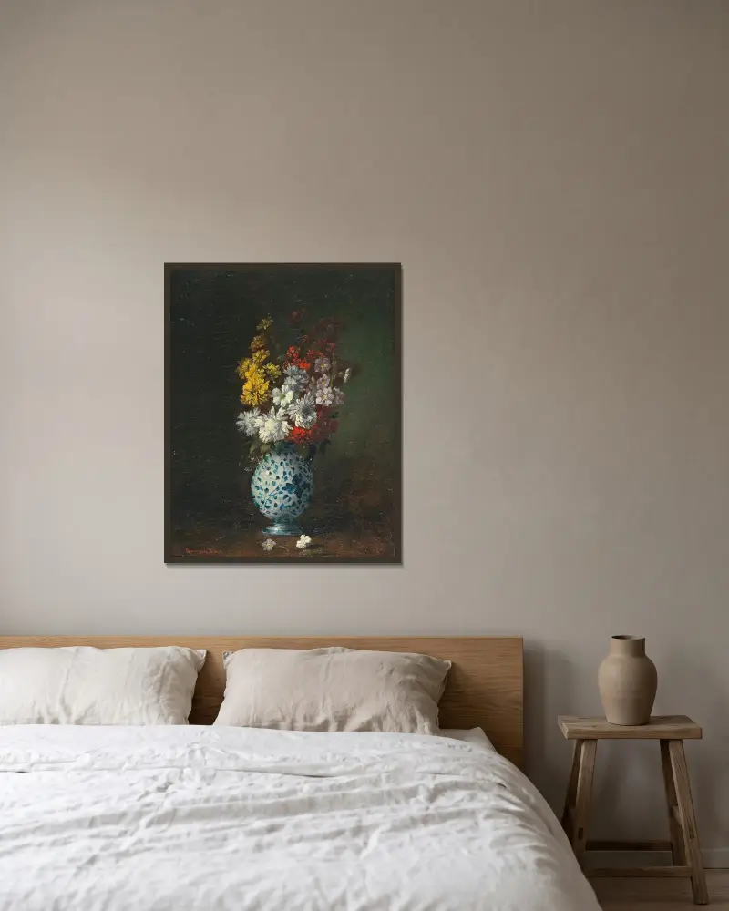 Blomsterstycke av Théodule Ribot inramad på en vägg